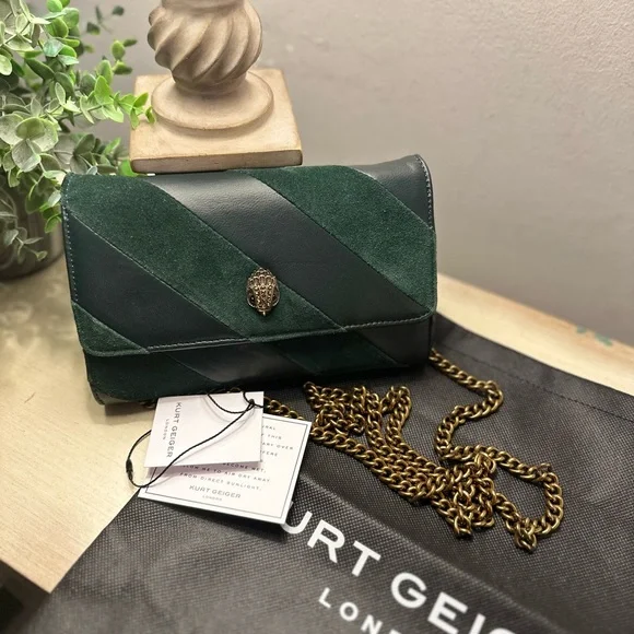 Kurt Geiger Soho Wallet on a Chain Crossbody Dark Green Suede and Leather - Picture 3 of 13